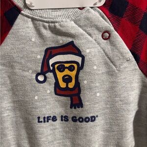 Life Is Good Gray romper with Red Plaid Accent hat